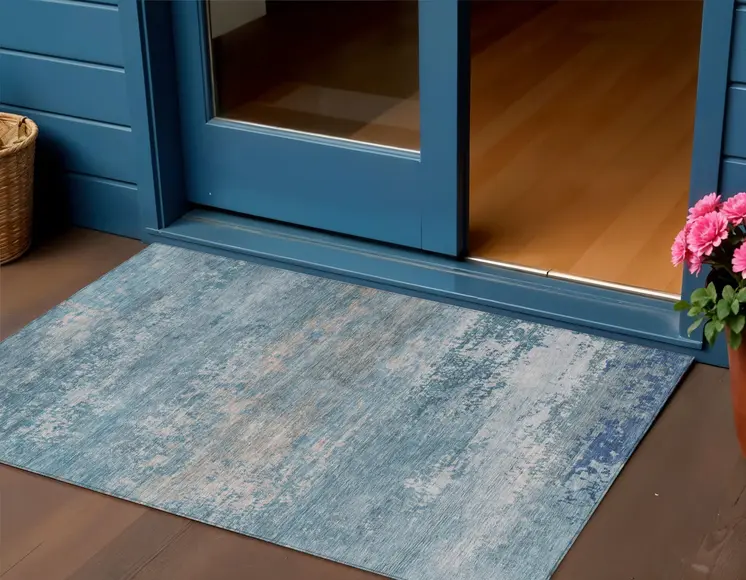 3' X 5' Sky Blue And Gray Abstract Washable Indoor Outdoor Area Rug