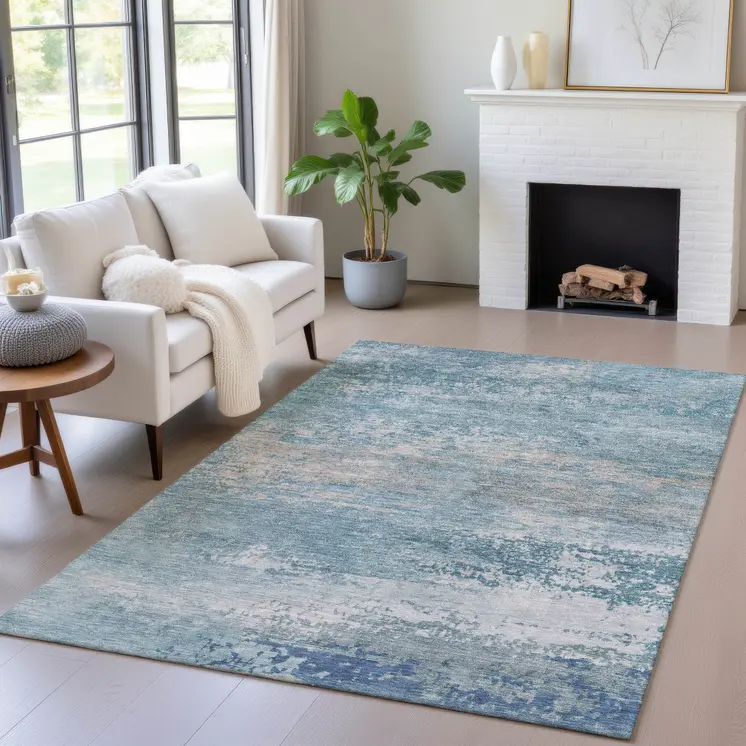 3' X 5' Sky Blue And Gray Abstract Washable Indoor Outdoor Area Rug