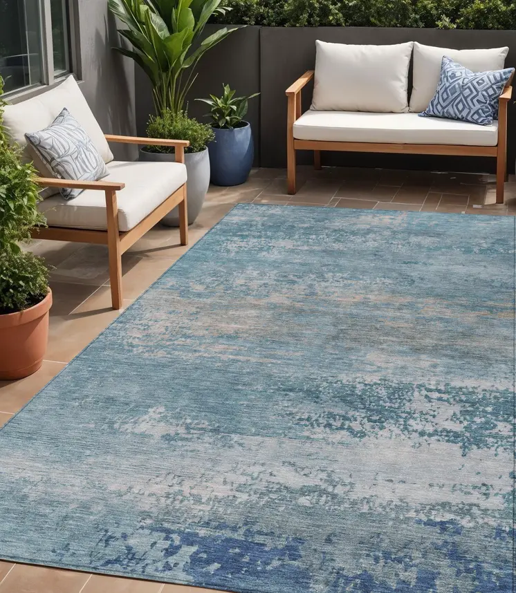 5' X 8' Sky Blue And Gray Abstract Washable Indoor Outdoor Area Rug