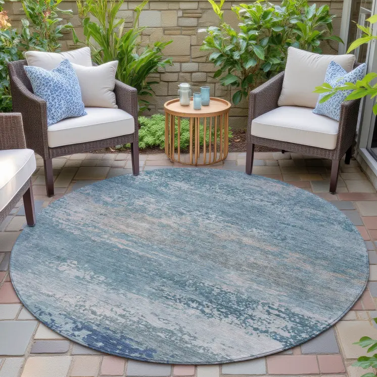 8' Sky Blue And Gray Round Abstract Washable Indoor Outdoor Area Rug