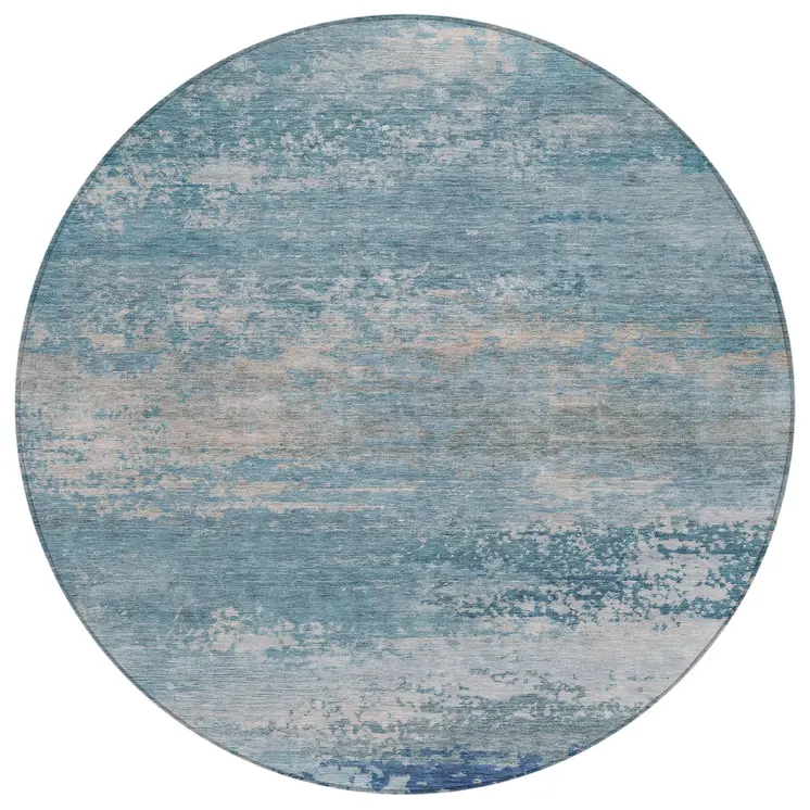 8' Sky Blue And Gray Round Abstract Washable Indoor Outdoor Area Rug