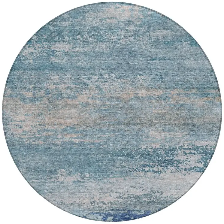 8' Sky Blue And Gray Round Abstract Washable Indoor Outdoor Area Rug