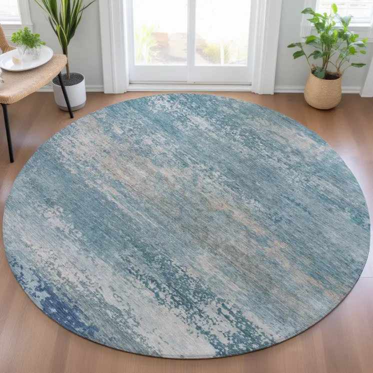 8' Sky Blue And Gray Round Abstract Washable Indoor Outdoor Area Rug