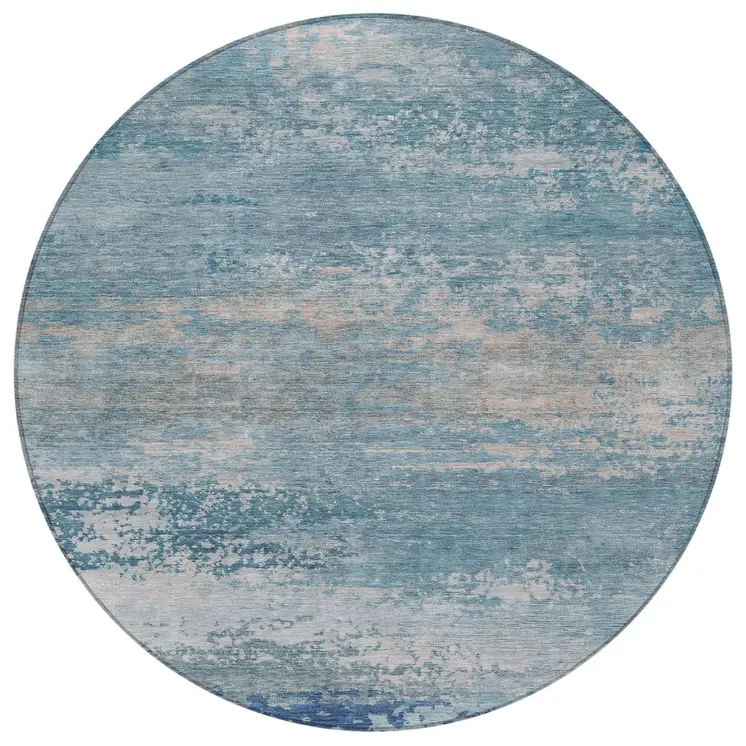 8' Sky Blue And Gray Round Abstract Washable Indoor Outdoor Area Rug