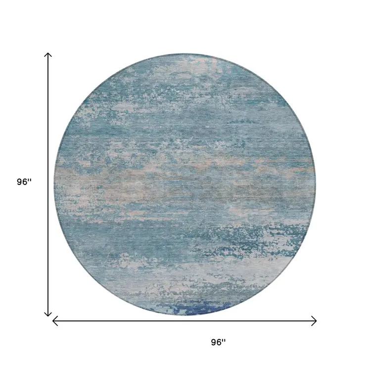 8' Sky Blue And Gray Round Abstract Washable Indoor Outdoor Area Rug