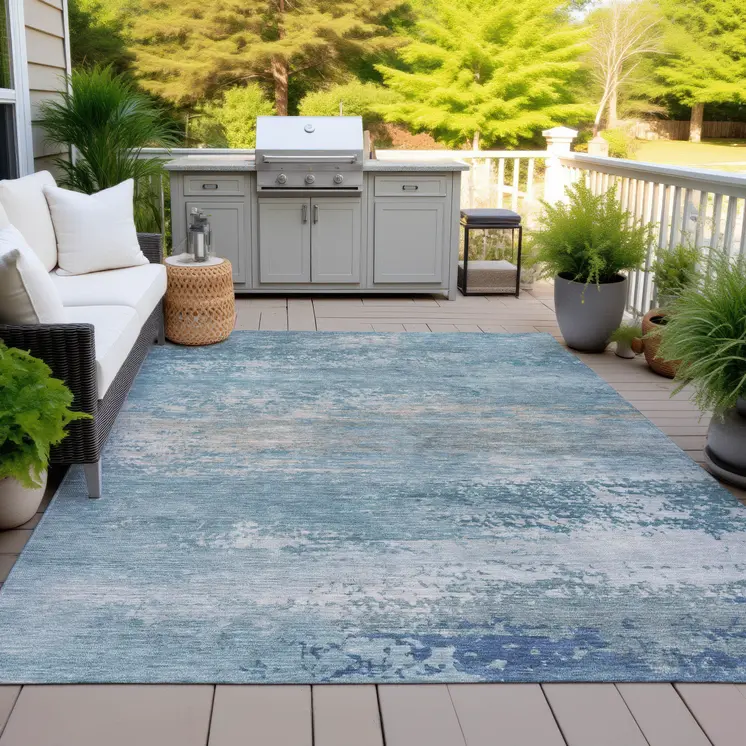9' X 12' Sky Blue And Gray Abstract Washable Indoor Outdoor Area Rug