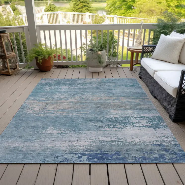 10' X 14' Sky Blue And Gray Abstract Washable Indoor Outdoor Area Rug