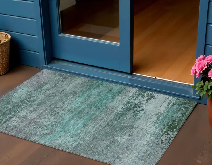 3' X 5' Teal Blue Gray And Pale Aqua Abstract Washable Indoor Outdoor Area Rug