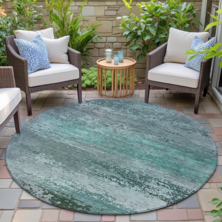 8' Teal Blue Gray And Pale Aqua Round Abstract Washable Indoor Outdoor Area Rug
