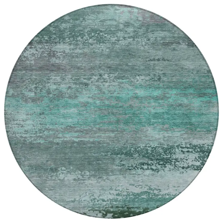 8' Teal Blue Gray And Pale Aqua Round Abstract Washable Indoor Outdoor Area Rug