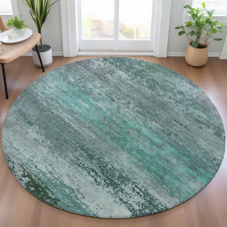 8' Teal Blue Gray And Pale Aqua Round Abstract Washable Indoor Outdoor Area Rug