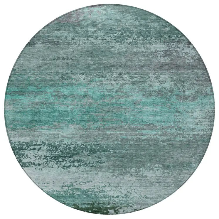 8' Teal Blue Gray And Pale Aqua Round Abstract Washable Indoor Outdoor Area Rug