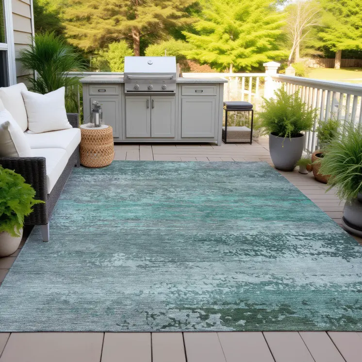 9' X 12' Teal Blue Gray And Pale Aqua Abstract Washable Indoor Outdoor Area Rug