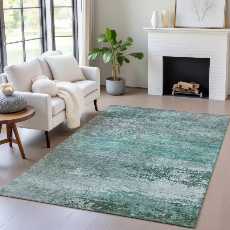 10' X 14' Teal Blue Gray And Pale Aqua Abstract Washable Indoor Outdoor Area Rug