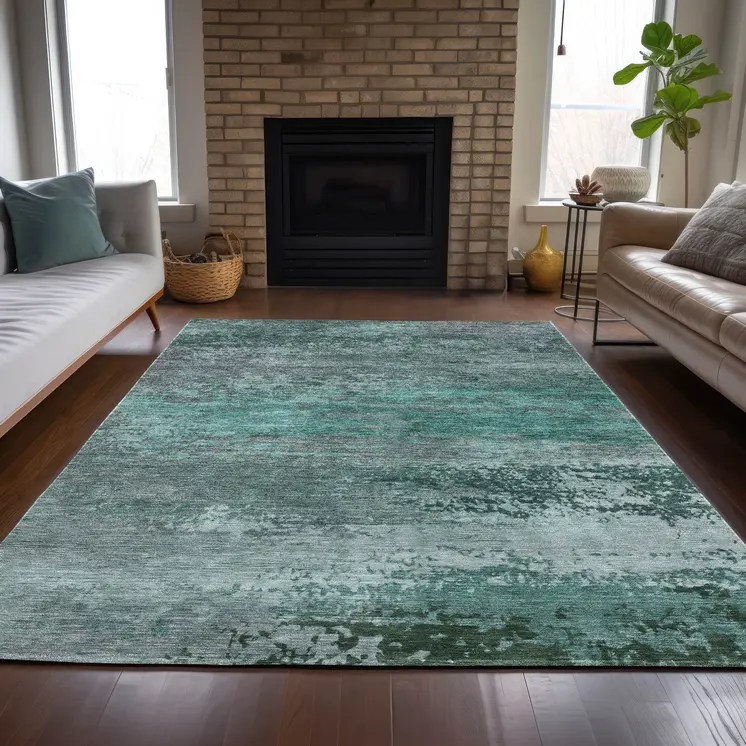 10' X 14' Teal Blue Gray And Pale Aqua Abstract Washable Indoor Outdoor Area Rug