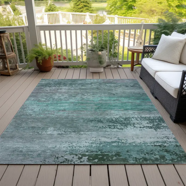 10' X 14' Teal Blue Gray And Pale Aqua Abstract Washable Indoor Outdoor Area Rug