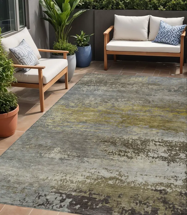 5' X 8' Taupe Brown And Gold Abstract Washable Indoor Outdoor Area Rug