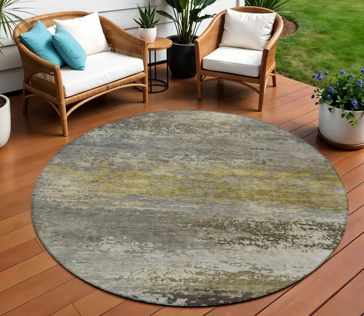 8' Taupe Brown And Gold Round Abstract Washable Indoor Outdoor Area Rug