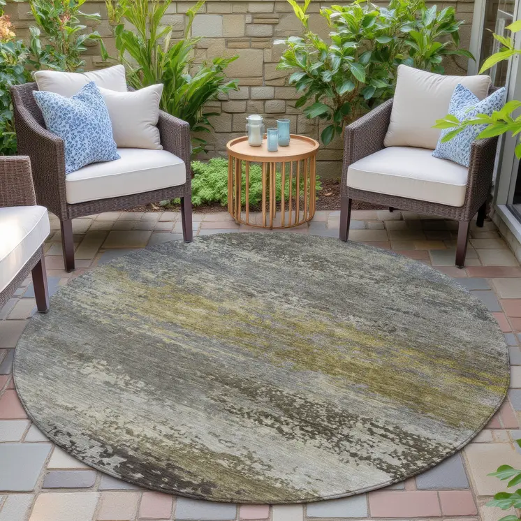8' Taupe Brown And Gold Round Abstract Washable Indoor Outdoor Area Rug