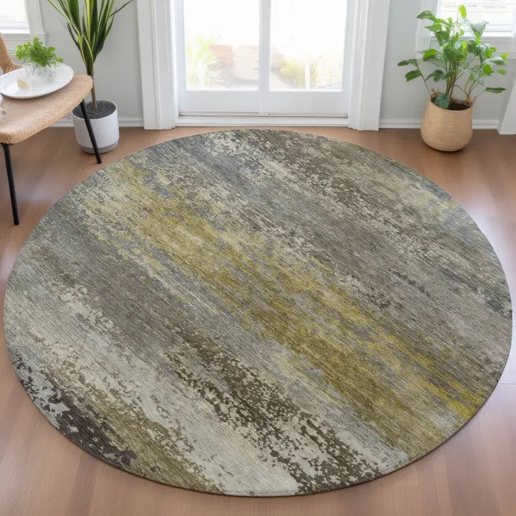 8' Taupe Brown And Gold Round Abstract Washable Indoor Outdoor Area Rug