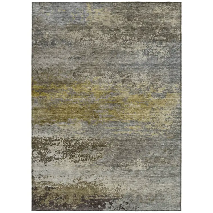 9' X 12' Taupe Brown And Gold Abstract Washable Indoor Outdoor Area Rug