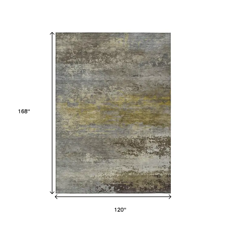 10' X 14' Taupe Brown And Gold Abstract Washable Indoor Outdoor Area Rug