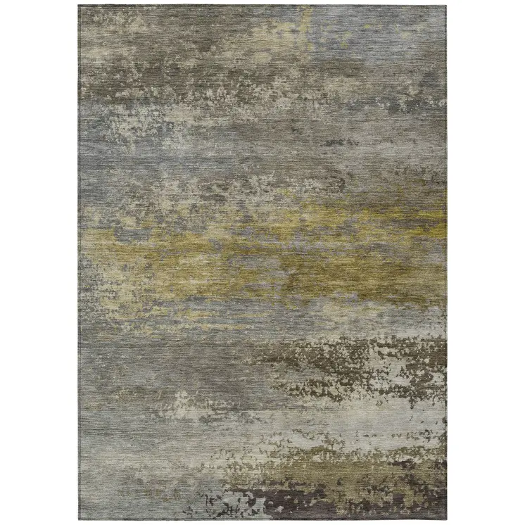 10' X 14' Taupe Brown And Gold Abstract Washable Indoor Outdoor Area Rug