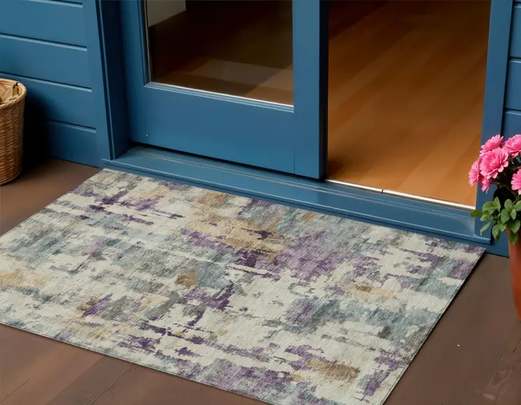3' X 5' Linen Purple And Gold Abstract Washable Indoor Outdoor Area Rug