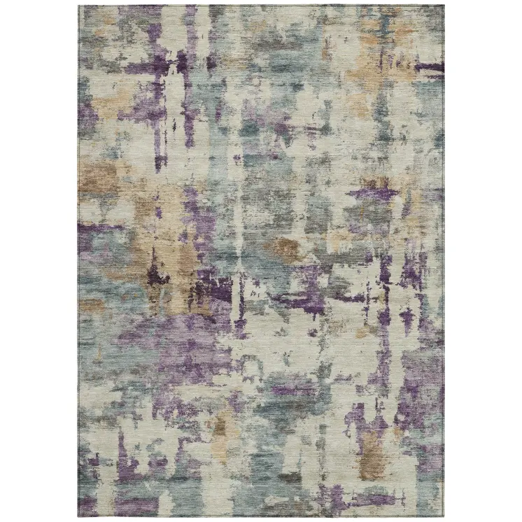 3' X 5' Linen Purple And Gold Abstract Washable Indoor Outdoor Area Rug