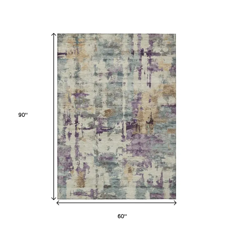 5' X 8' Linen Purple And Gold Abstract Washable Indoor Outdoor Area Rug