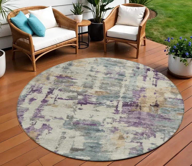 8' Linen Purple And Gold Round Abstract Washable Indoor Outdoor Area Rug
