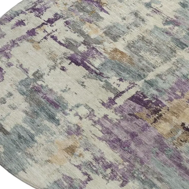 8' Linen Purple And Gold Round Abstract Washable Indoor Outdoor Area Rug