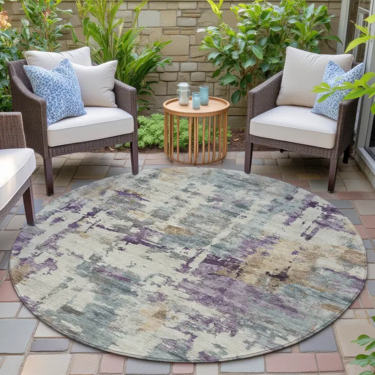 8' Linen Purple And Gold Round Abstract Washable Indoor Outdoor Area Rug