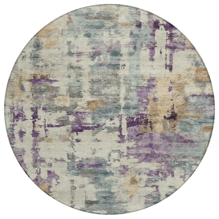 8' Linen Purple And Gold Round Abstract Washable Indoor Outdoor Area Rug
