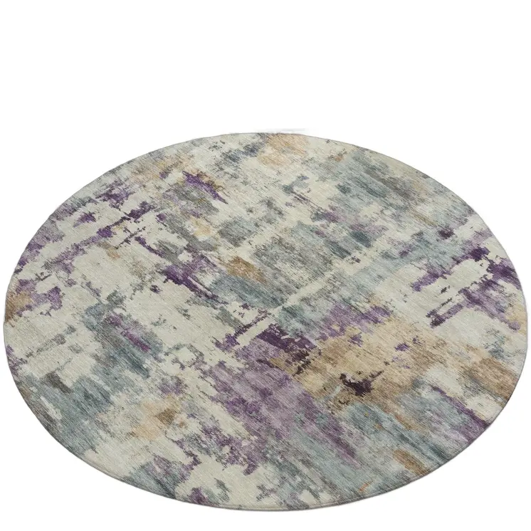 8' Linen Purple And Gold Round Abstract Washable Indoor Outdoor Area Rug