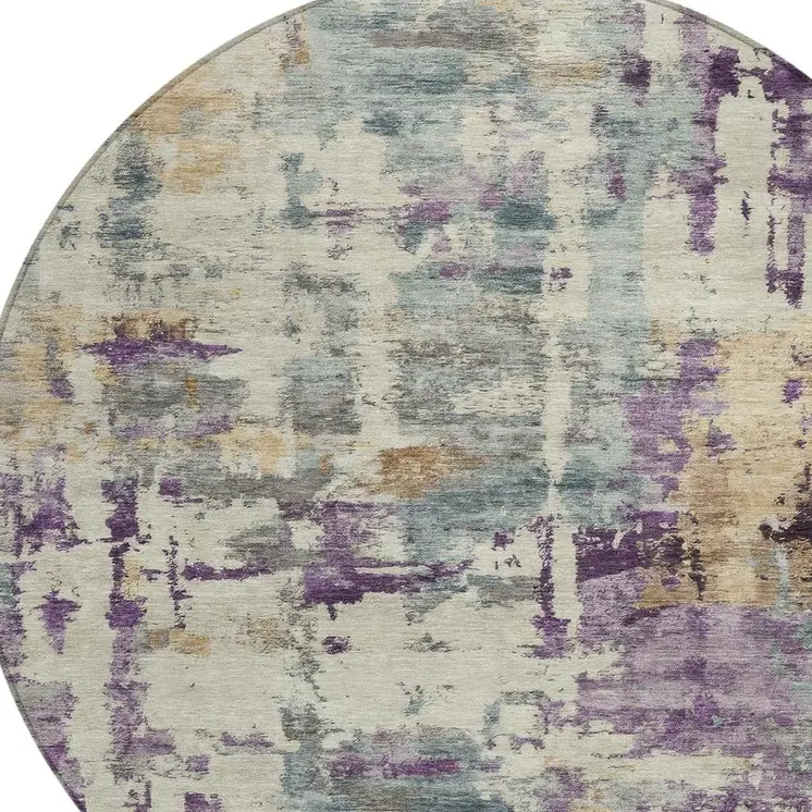 8' Linen Purple And Gold Round Abstract Washable Indoor Outdoor Area Rug