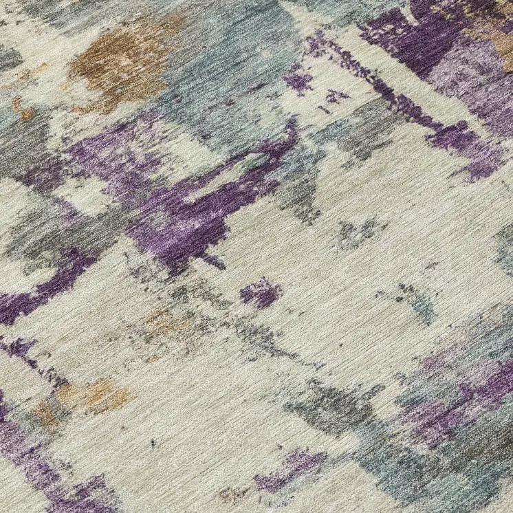 8' Linen Purple And Gold Round Abstract Washable Indoor Outdoor Area Rug