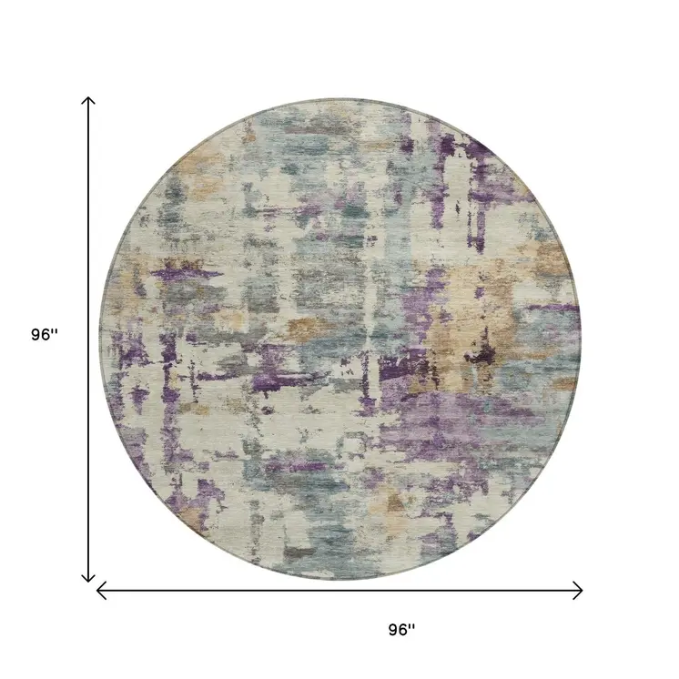 8' Linen Purple And Gold Round Abstract Washable Indoor Outdoor Area Rug