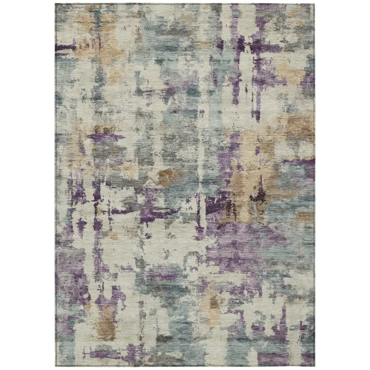 8' X 10' Linen Purple And Gold Abstract Washable Indoor Outdoor Area Rug