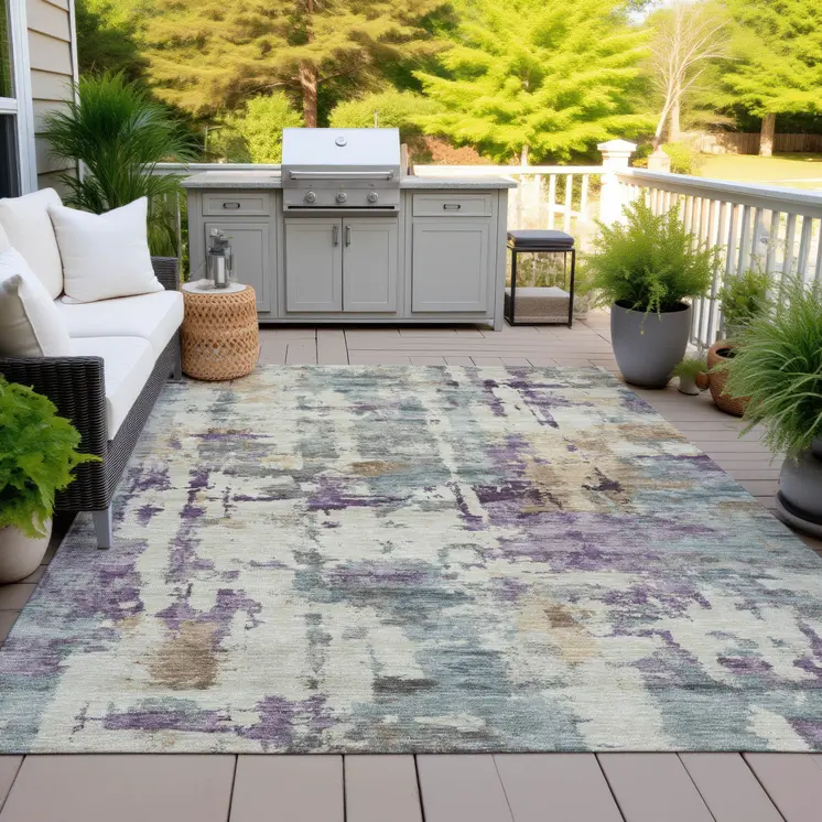 9' X 12' Linen Purple And Gold Abstract Washable Indoor Outdoor Area Rug