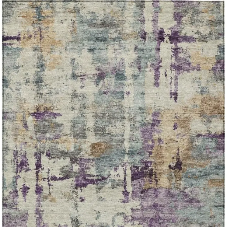 9' X 12' Linen Purple And Gold Abstract Washable Indoor Outdoor Area Rug