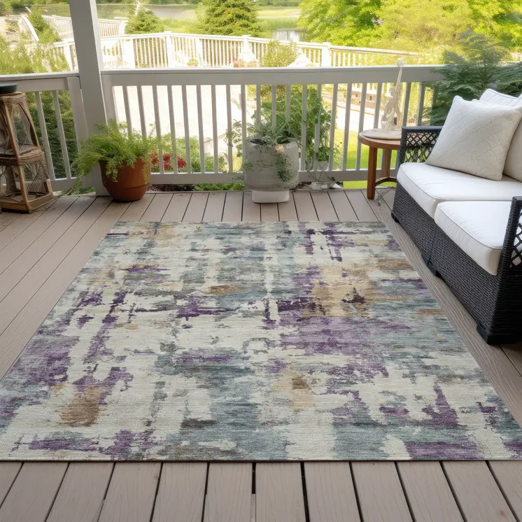 10' X 14' Linen Purple And Gold Abstract Washable Indoor Outdoor Area Rug