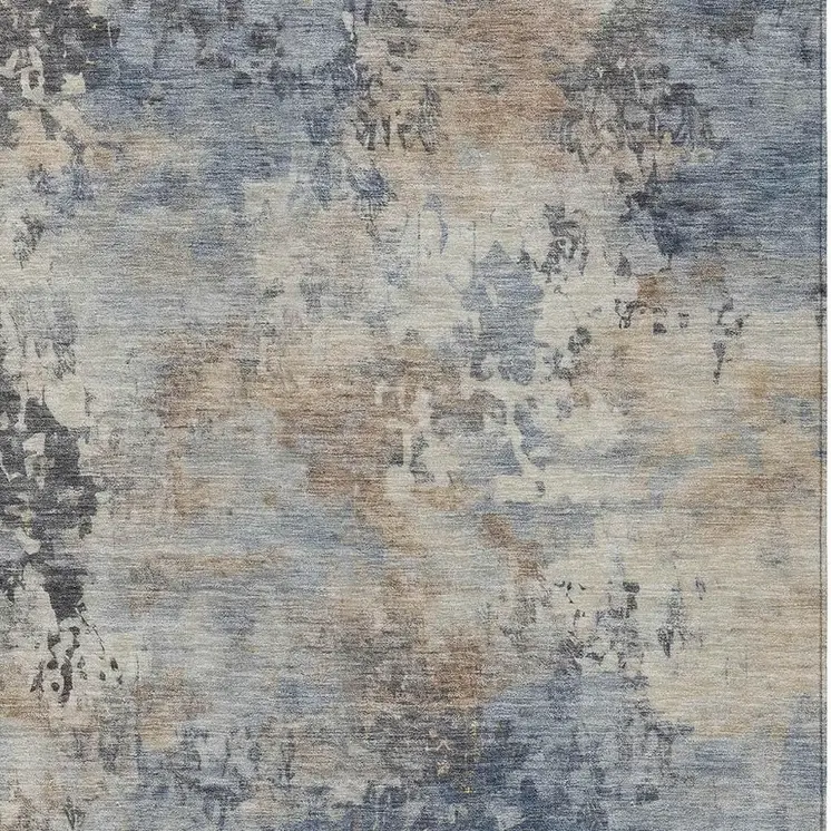 3' X 5' Denim Blue Beige And Charcoal Abstract Washable Indoor Outdoor Area Rug