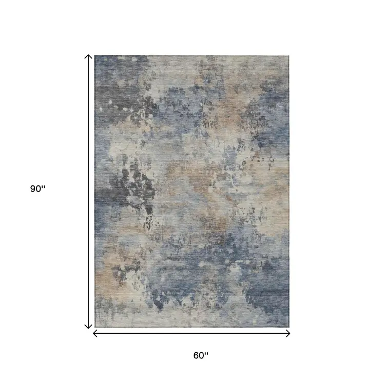5' X 8' Denim Blue Beige And Charcoal Abstract Washable Indoor Outdoor Area Rug