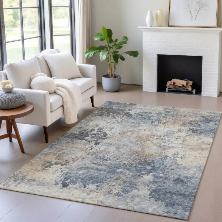 5' X 8' Denim Blue Beige And Charcoal Abstract Washable Indoor Outdoor Area Rug