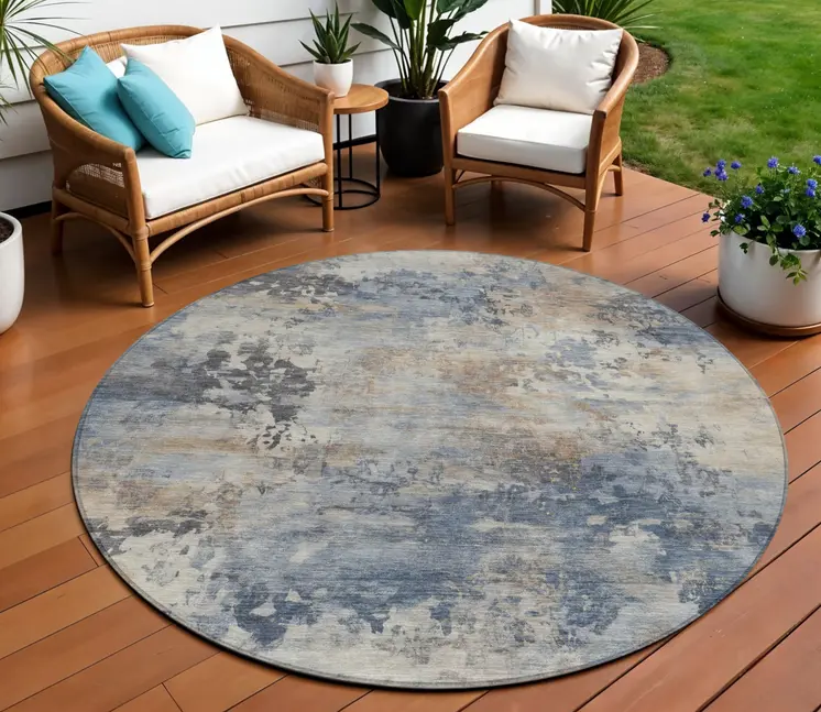 8' Denim Blue Beige And Charcoal Round Abstract Washable Indoor Outdoor Area Rug