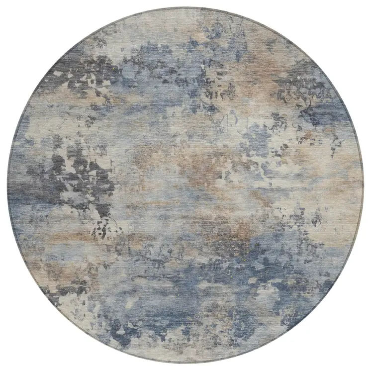 8' Denim Blue Beige And Charcoal Round Abstract Washable Indoor Outdoor Area Rug