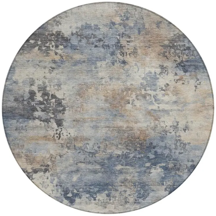 8' Denim Blue Beige And Charcoal Round Abstract Washable Indoor Outdoor Area Rug