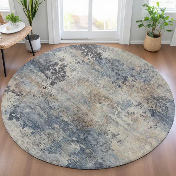 8' Denim Blue Beige And Charcoal Round Abstract Washable Indoor Outdoor Area Rug