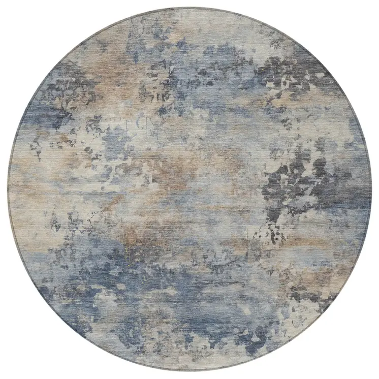 8' Denim Blue Beige And Charcoal Round Abstract Washable Indoor Outdoor Area Rug